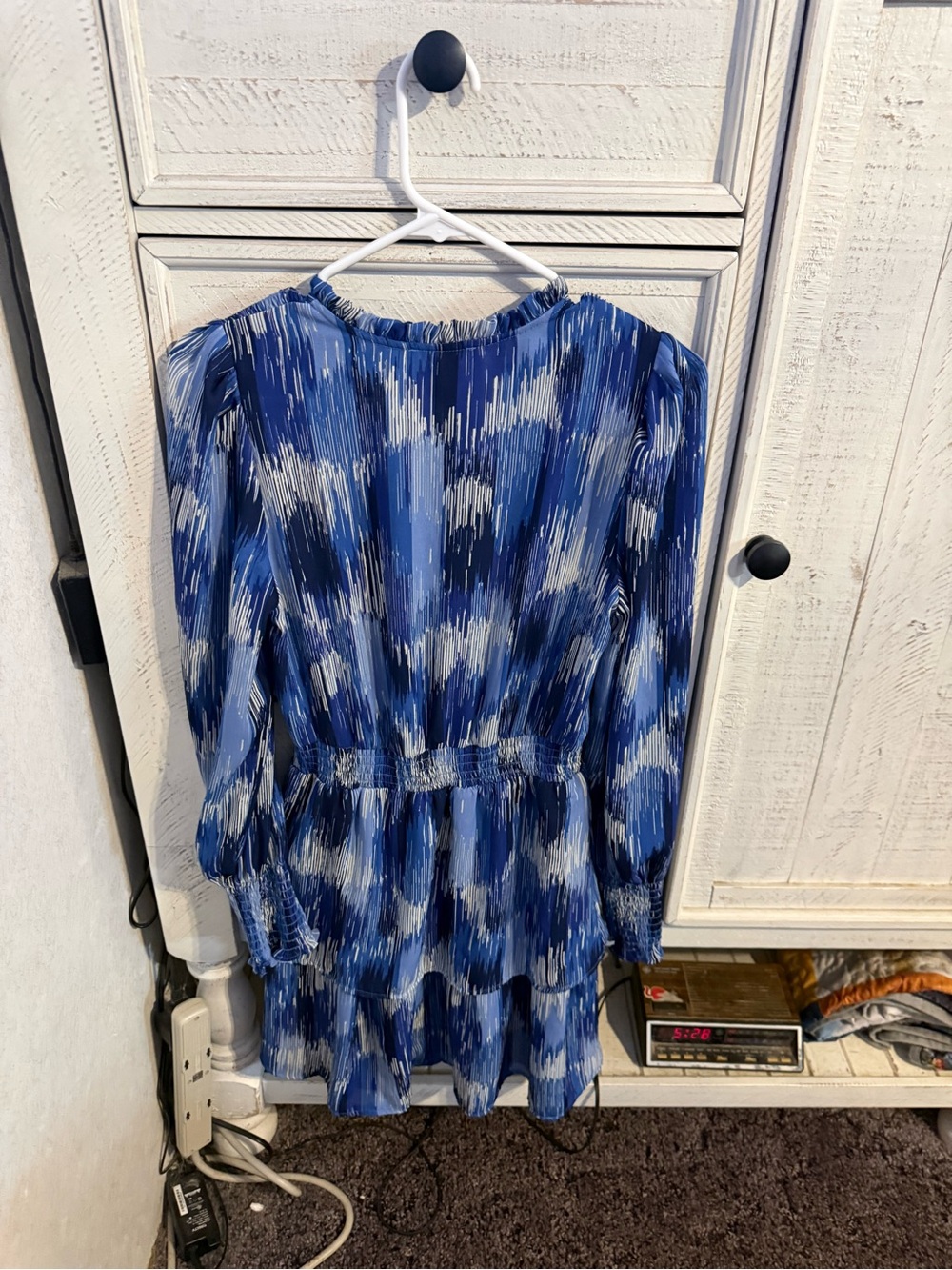 Aqua Blue and White Long Sleeve Tiered Dress